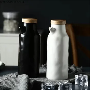 Keramikas Eļļas Pudele Koka Vāka Eļļas Var Sojas Mērci Pudele Etiķa Pot Leakproof Spice Konteineru Virtuves Garšvielu Trauciņu Garšvielu Kaste