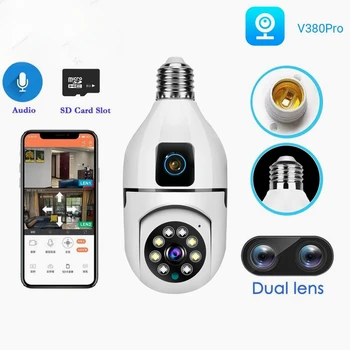Dual Objektīvs Ekrāna E27 Spuldzes Kameras Divos Veidos Audio Video Recorder Nakts Redzamības Smart Home Security Bezvadu WIFI Telpās Uzrauga Cam