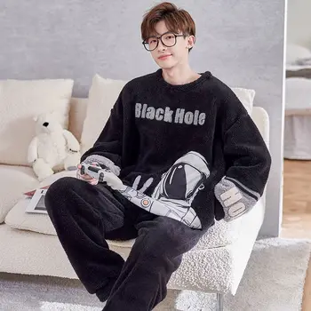 2023 Ziemas Garām Piedurknēm Biezs Silts Flaneļa Pidžamas Komplekti Vīriešiem Koraļļu Samta Korejas Modes Sleepwear Uzvalks Pidžamas Homewear Jaunas