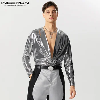 INCERUN 2023 Sexy Modes Vīriešu Jumpsuits Gadījuma Karstā Pārdošanas Šūpošanos Kakla Spīdīga Auduma ar garām Piedurknēm Cieti Trijstūri Bodysuits S-5XL