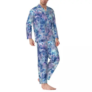 Pidžamas Vīriešu Kaklasaites Krāsa Zila, Rozā Nakts Sleepwear Estētisko Pants 2 Gabali Gadījuma Pajama Komplekti Garām Piedurknēm Moderns Lielgabarīta Mājas Tērps