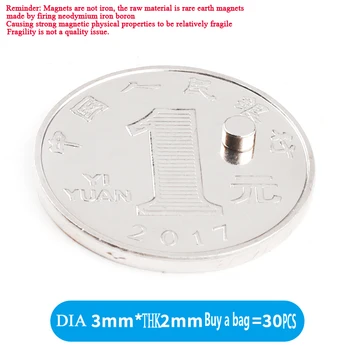 Super Spēcīgu Magnētu 3x2mm 30pcs Kārta Magnētisko NdFeB Neodīma magnēts Spēcīgi Disku imanes