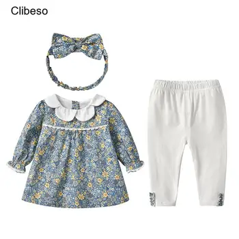 2024 Clibeso Jaundzimušo Meiteņu Rudens Drēbes Uzvalku Komplekts 3 Gab Bērniem Ziedu Krekls + Kapri Bikses + Galvas Stīpa Bērniem Āra Drēbes