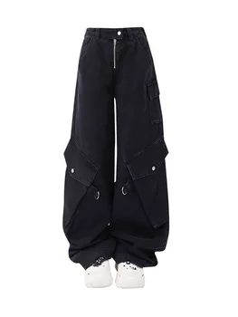 Sievietēm Melnā Baggy Kabatas Kravas Bikses Gadījuma Streetwear Augstās Jostasvietas Bikses Punk 2000s Estētisko Hiphop Gothic Džinsi Clubwear