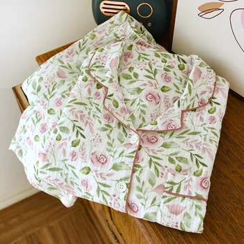 Ziedu Drukāt Nightie Pidžamu Sieviešu Apakšveļas Komplekts Rudenī Jaunu Divdaļīga Dāmas Sleepwear Kokvilnas Mājas Tērps, Istabas Valkā
