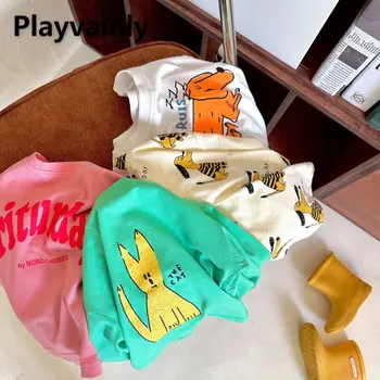 Pavasarī Bērni, Zēns, Meitene T-krekli ar Apaļu Kakla garām Piedurknēm Multiplikācijas filmu Suns, Kaķis Kokvilnas T-krekls Bērnu Apģērbu E1060